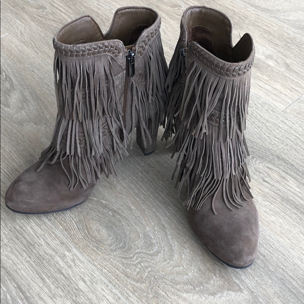 SAM EDELMAN Taupe Suede Leather Fringe Booties